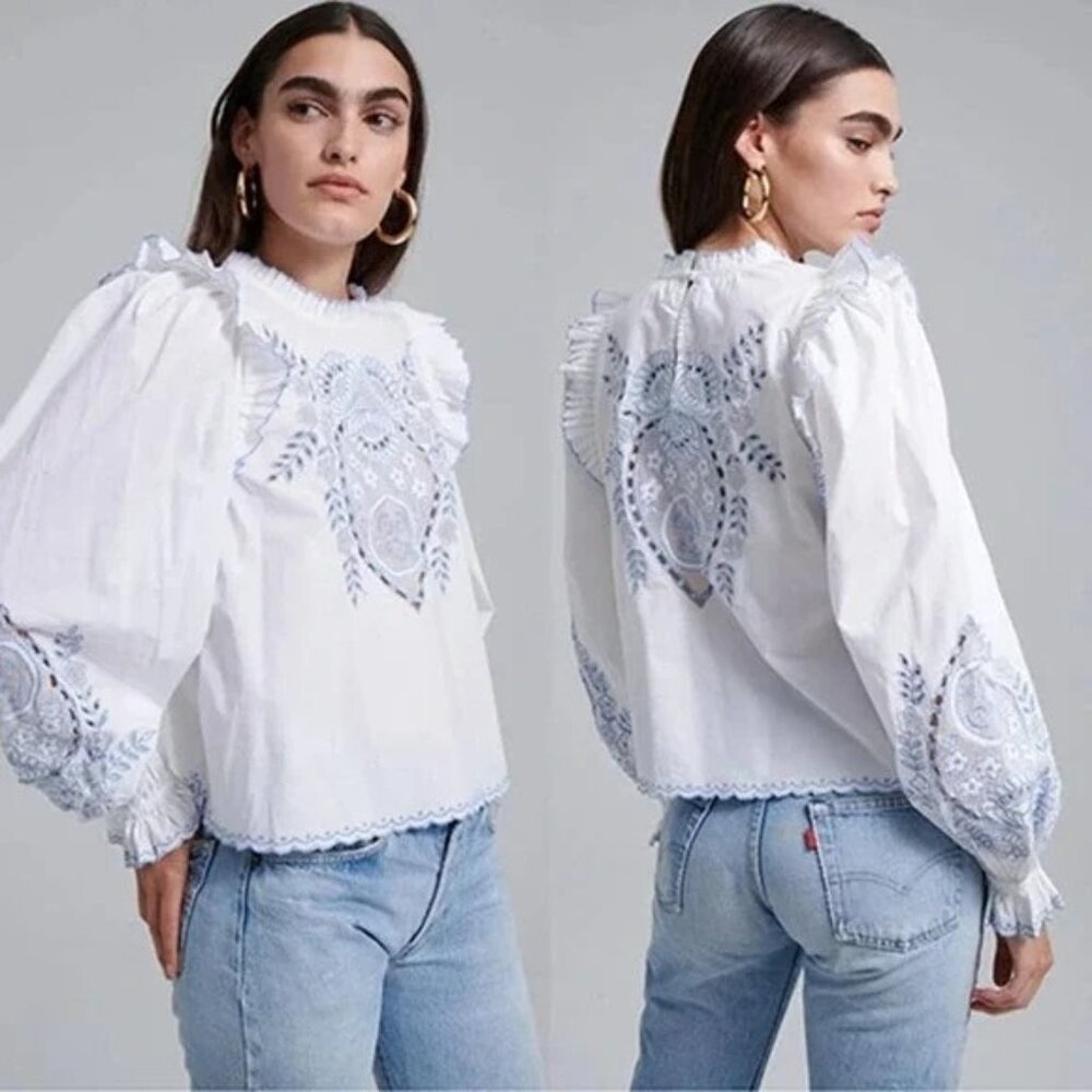 Love The Label Bernice White Blue Eyelet Flutter Long Sleeve Blouse Womens M